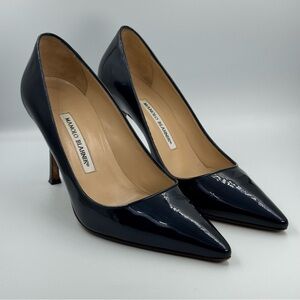 Manolo Blahnik Heels BB Patent Pointed Toe Pump In Navy Sparkle Size 38.5